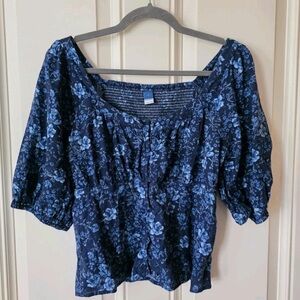 Old Navy Navy & Light Blue Floral Scoop-Neck Blouse